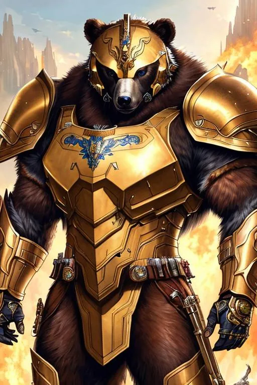 Prompt: Poster art, high-quality high-detail highly-detailed breathtaking hero ((by Aleksi Briclot and Stanley Artgerm Lau)) - ((a Bear )), 8k helmet, male, highly detailed Bear helmet, Gold helmet, detailed brown fur, king of the bears, detailed ivory mech suit, full body, black futuristic mech armor, wearing mech armour suit, 8k,  full form, jungle  setting, highly detailed flame thrower, full form, epic, 8k HD, fire, sharp focus, ultra realistic clarity. Hyper realistic, Detailed face, portrait, realistic, close to perfection, more black in the armour, 
wearing blue and black cape, wearing carbon black cloak with yellow, full body, high quality cell shaded illustration, ((full body)), dynamic pose, perfect anatomy, centered, freedom, soul, Black short hair, approach to perfection, cell shading, 8k , cinematic dramatic atmosphere, watercolor painting, global illumination, detailed and intricate environment, artstation, concept art, fluid and sharp focus, volumetric lighting, cinematic lighting, 
