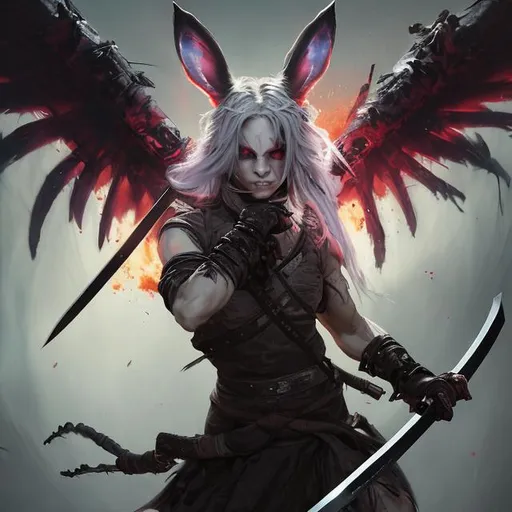 Prompt: a demon (multi-color hair) (multi-color eyes)(she has rabbit ears) holding a katana, fighting, in a gunfight, bullets flying, fighting in a rural area, sad, (angel wings), lunging at the center, flying in the air

a masterpiece, 8k resolution, dark fantasy concept art, by Greg Rutkowski, dynamic lighting, hyperdetailed, intricately detailed, Splash screen art, trending on Artstation, deep color, Unreal Engine, volumetric lighting, Alphonse Mucha, Jordan Grimmer, purple and yellow complementary colours sinister by Greg Rutkowski