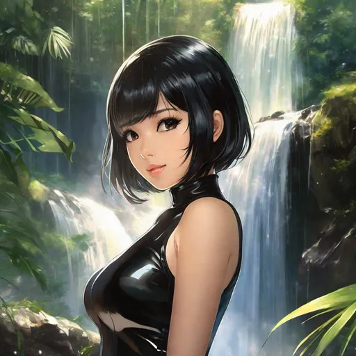 Prompt: anime art, pretty young Indonesian woman, 25 year old, (round face, high cheekbones, almond-shaped brown eyes, small delicate nose, short black hair), perfect hourglass figure, wearing clear transparent plastic catsuit, gloves, boots, dynamic pose, background tropical waterfall, bokeh, Japanese manga, Pixiv, Fantia