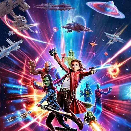 Prompt: i want 10year old kids in a laser gun fight in space. inspired of guardian of the galaxy