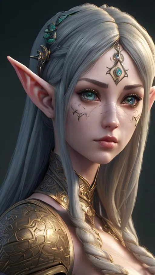 Prompt: highest quality stylized character concept masterpiece, award winning digital 3d oil painting art, hyper-realistic, intricate, 64k, UHD, HDR, image of a beautiful elf-girl, highly detailed face, hyper-realistic facial features, perfect anatomy in perfect composition of professional, long shot, sharp focus photography, cinematic 3d volumetric, dramatic lighting with backlit backlight, {{sexy}}, aiming down sights with red-hair, green eyes, perfect smile, from Elder Scrolls.