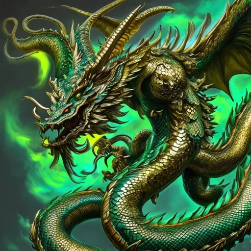 Prompt: High-resolution realisic painting of {winged beast. chinese dragon, gold horns, bright green scales,  serpent body}, uhd, hdr, 64k