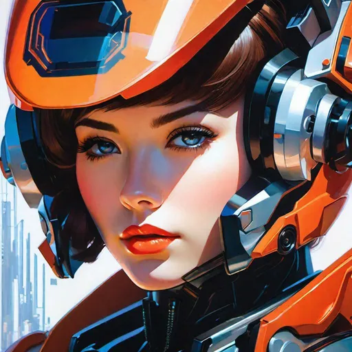 Prompt: I am requesting a top-tier professional close-up photograph that presents a detailed, center-framed portrait of a young woman dressed in mecha-style attire, reminiscent of Ilya Kuvshinov's stylistic interpretation. Her face should be sharply defined, filled with bold determination, and captured with superior photographic quality.

She should possess one robotic arm, its design elegantly rendered in a porcelain white. The arm should contain intricate details that mimic the sophistication and complexity of fine china, showcasing a blend of technological prowess and aesthetic grace. This should create a stark contrast to the hardness generally associated with mecha-style portrayals.

The woman should stand confidently before a grand spaceship, its enormous scale juxtaposed with her resilience. The vessel should be highly detailed, serving as an imposing backdrop that amplifies the epic nature of the scene. Elements of wear and tear, battle scars, and intricate technological components should be visible, offering a realistic portrayal of a space-faring vehicle.

The setting should be under a clear, bright blue sky scattered with a few clouds. The soft natural light should create an ethereal glow on the scene, infusing it with a sense of optimism and realism. The combination of earthly blues and the gleaming white of her robotic arm should create a visually striking contrast.

The overall composition should embody the spirit of an epic film poster, minus the text. The viewer should feel the movie's scale and drama just by looking at this single image. The young woman's detailed facial expression, her mecha-style outfit, the vast spaceship, and the blue sky, all need to come together harmoniously to convey the profound narrative of an epic space adventure.