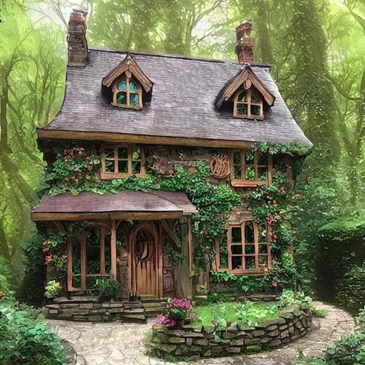 Prompt: beautiful ornated stuning cossy cottage in the wood