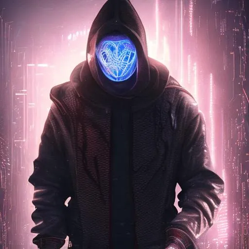 Prompt: Quality, detailed, 8k, cyberpunk, hooded figure, glowing mask, neon back lighting, air particles, heartbroken, dressed in white, handsome