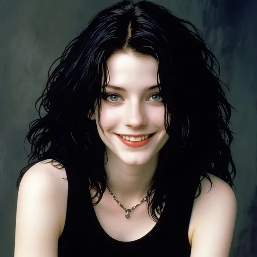 Prompt: Death from Neil Gaiman’s Sandman Comic, Depict a (young, youthful, cute and pleasantly content smiling 16-year-old girl), pale-skinned, slender young woman with dark, messy, shoulder-length hair. Her eyes should have a kind yet knowing expression. She wears a black tank top with simple, dark jeans, accessorized with a silver ankh pendant around her neck. Her lips are dark, contrasting with her pale complexion, and her overall style reflects a gothic aesthetic. Her demeanor should appear calm, welcoming, and slightly whimsical, exuding both warmth and mystery.