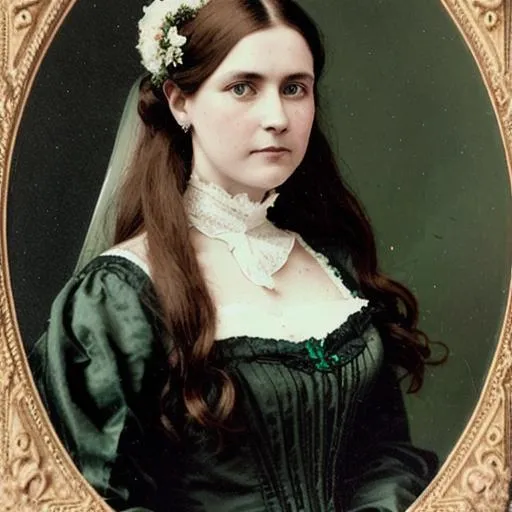 Prompt: portrait of a beautiful Victorian woman with long brown hair and dark green eyes wearing a wedding gown