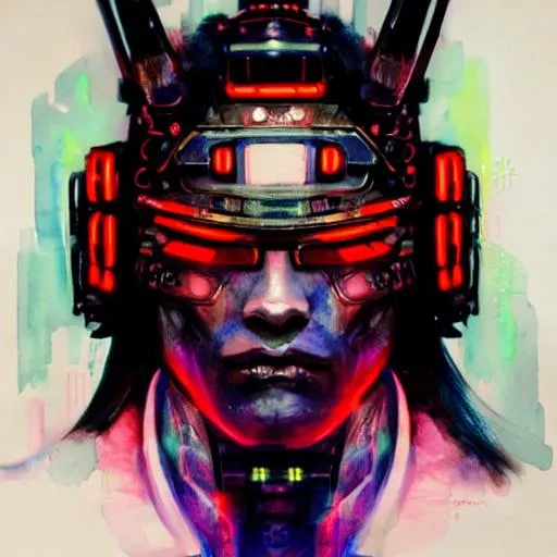 Prompt: Watercolor portrait of a neon SAMURAI with iridescent black markings and a CYBERNETIC face, perfect composition, hyperrealistic, super detailed, 8k, high quality, trending art, trending on artstation, sharp focus, studio photo, intricate details, highly detailed, by greg rutkowski, illustration, watercolor, BY YUJI SHINKAWA, WEARING ORNATE KIMONOS