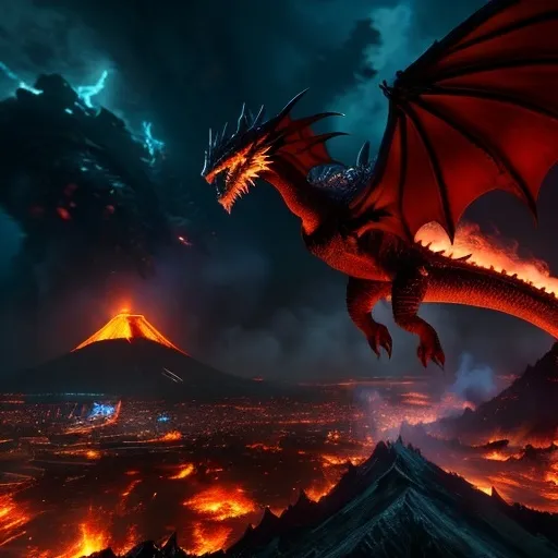 Prompt: Large dragon flying, attacking a town in the foreground with his fetid, fiery breath, erupting volcano in background, high quality, detailed 3D rendering, epic fantasy, fiery tones, dynamic lighting, destructive chaos, mythical creature, massive scale, intense action, town in peril, dramatic composition, fantasy landscape, epic scale, cinematic atmosphere