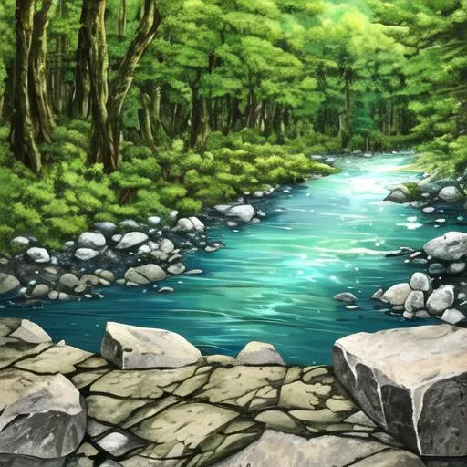 Prompt: summer,forest,river,mountain,rocks