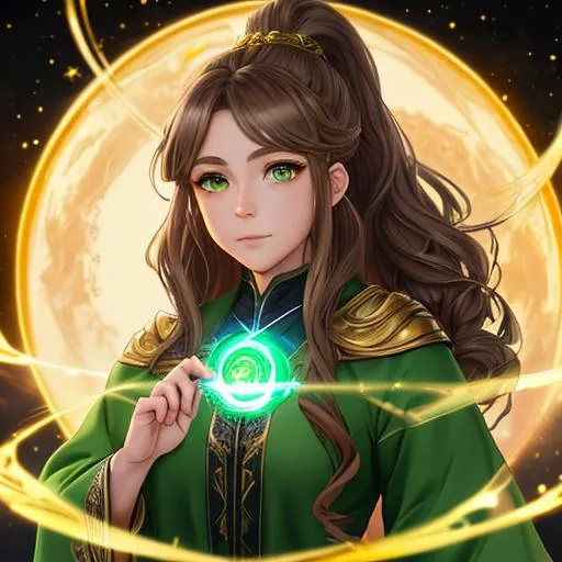 Prompt: "Full body, oil painting, fantasy, anime portrait of a young gold dwarf woman with wavy light brown hair in a ponytail and dark green eyes | Elemental earth sorceress wearing intricate green wizard robes casting a rock spell, #3238, UHD, hd , 8k eyes, detailed face, big anime dreamy eyes, 8k eyes, intricate details, insanely detailed, masterpiece, cinematic lighting, 8k, complementary colors, golden ratio, octane render, volumetric lighting, unreal 5, artwork, concept art, cover, top model, light on hair colorful glamourous hyperdetailed medieval city background, intricate hyperdetailed breathtaking colorful glamorous scenic view landscape, ultra-fine details, hyper-focused, deep colors, dramatic lighting, ambient lighting god rays, flowers, garden | by sakimi chan, artgerm, wlop, pixiv, tumblr, instagram, deviantart