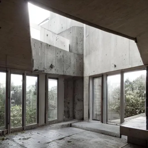 Prompt: brutalist architecture home interior. with lots of natural light