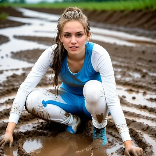 Prompt: photo of young woman, soaking wet clothes, muddy white socks, muddy, dirty, long tight white leggings, muddy, dirty, crop top,  , rolling in the mud,   enjoying, water dripping from clothes, clothes stuck to body,  detailed textures of the wet fabric, wet face, wet plastered hair,  wet, drenched, professional, high-quality details, full body view 