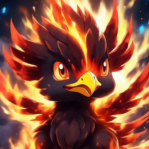 Prompt: pokemon art style, portrait of a baby starry phoenix made of fire that is glowing, flying, flaming head, mouth open, glistening flowing flaming feathers, glowing red eyes, bioluminescent, volcano, eruption, lava, magma, fireballs, sunset, beneath the stars, masterpiece, highres, best quality, concept art, 64k, highly detailed, vibrant, professional, UHD