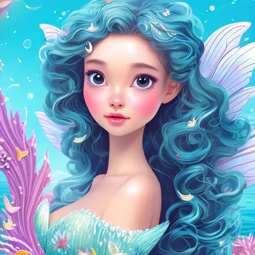 Prompt: Cute lady, AI, glossy skin, 8K, fined features, animated lady, wearing birthday frock, curly hair and fair skin, fairy tale, mermaid theme, full picture sea side, fine hands and body