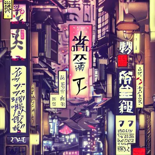 Prompt:  Dark street
Year 2077
Raining
Japanese
Overlay text "GWANN"