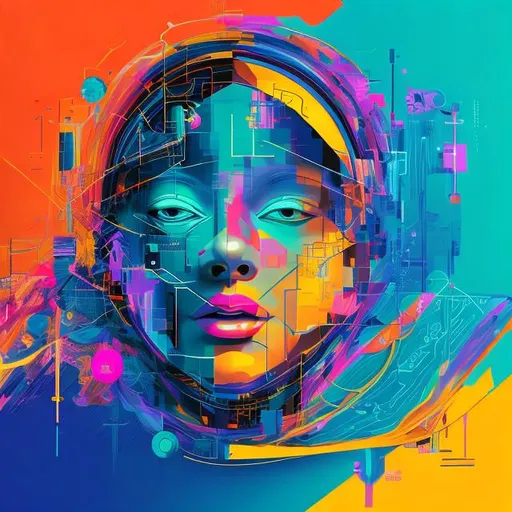 Prompt: AI, create an image that symbolizes the synergy between technology and art, showcasing the harmony of innovation and creativity. Incorporate elements of futuristic tech and abstract artistry. Use a vibrant color palette that represents the limitless possibilities of AI-powered art.
