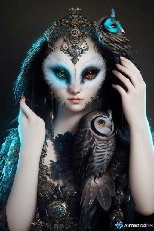 Prompt: photo of a Beautiful anthropomorphic Bird Woman Hybrid, owl woman, 16 k, ultra realistic, Octane render, volumetric lighting, shadow effect, insanely detailed and intricate, photorealistic, highly detailed, artstation by tom Bagshaw, WLOP, by artgerm