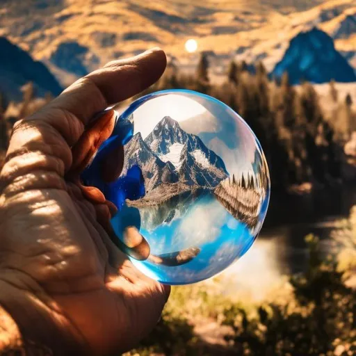 Prompt: playing with a blue shiny ball with mountains and rivers and trees