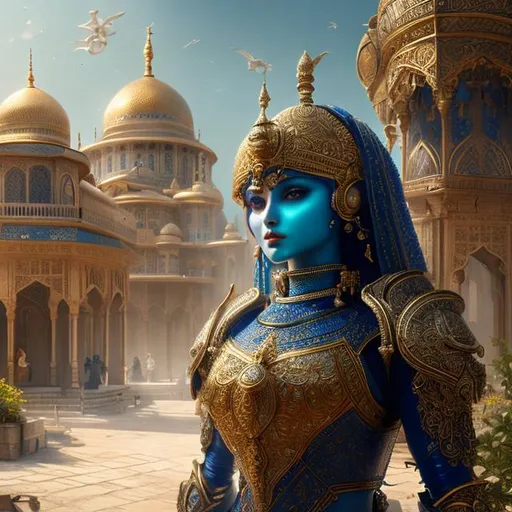 Prompt: create most beautiful photograph of most beautiful fictional, persian, robot, royal,male, blue, white, goden, islamic, futurism, extremely, detailed environment, detailed background, intricate, detailed skin, natural colors , professionally color graded, photorealism, 8k, moody lighting.