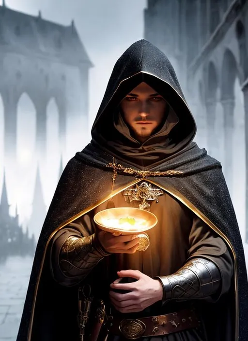 Prompt: Hooded man in a cloak holding poison, epic, dark fantasy, pose, 8k, HD, fur armor, full body, vibrant, high detail, cinematic, aesthetic, ethereal, smokey background, night, dark, crowded medieval city, city, shadows, market place, high quality, gritty, perfect face, high quality face, people, ethereal, market plaza, realistic, artistic