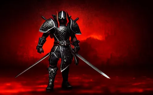 Prompt: warrior, angry face,  body muscle definition, fight position, dark environment, darkness background, horror style, clothing metal armor