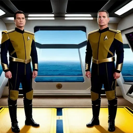 Prompt: 2 starfleet officers, Star Trek style, standing on a platform, stars behind them, photo realistic