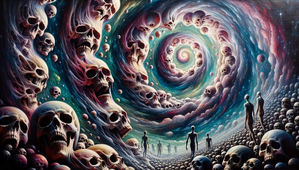 Prompt: In the style of an interstellar comic book, an oil painting captures a chilling scene of a spiral of skulls. The background, painted with swirling colors, resembles a dreamy spacescape. Distorted figures appear, blending seamlessly with the eerie supernatural realism.