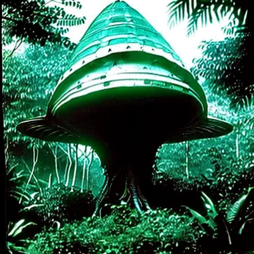 Prompt: Alien spaceship found inside the jungle in Indonesia circa 1960
Lost photograph
Creatures around the ship