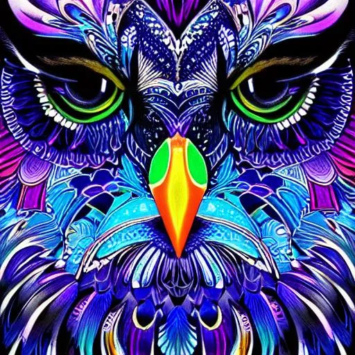 Prompt: spiritual owl hypnotic, dark black  and bright blue. Sharp teeth