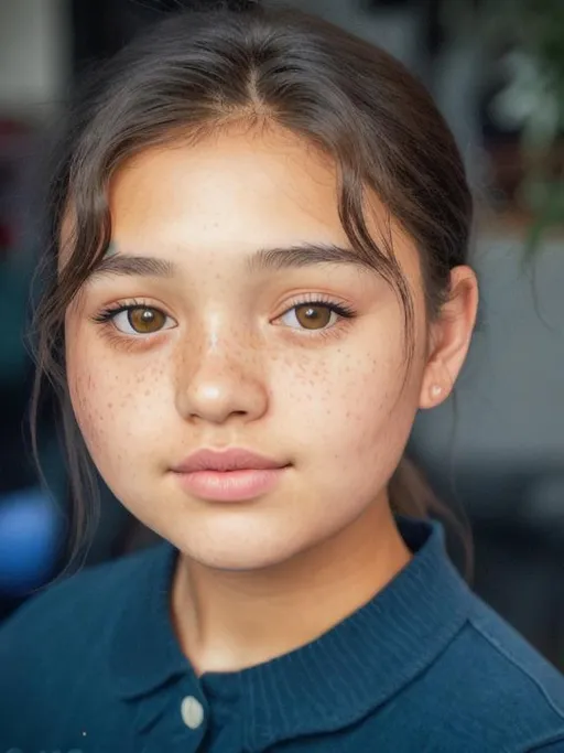 Prompt: photo realistic headshot of beautiful English 12-year-old girl, symmetrical square face, wide-spaced eyes, broad square nose, heavyset brow, brown almond-shaped eyes, pinkish dark tan complexion, short wavy black hair, freckles, centered in frame, facing camera, symmetrical face, ideal human, 85mm lens,f8, photography, ultra details, natural light, light background, photo, Studio lighting