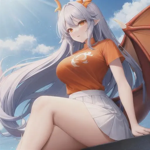 Prompt: A Dragonoid / human women 
with an orange shirt and a white skirt with orange dragon wings and  orange dragon horn  