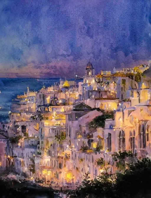 Prompt: Wet Watercolor, iridescent effect, magnificent white city by the sea at a starring night by Lisa graa Jensen, Johan messely, jean Baptiste monge, Ivan shishkin, hovik zohrabyan, highly detailed, intricate, oil on canvas, dynamic lighting, crisp quality, colourful,  focused,  triadic colors, deeply saturated colour.