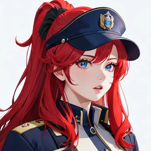 Prompt: Haley as a horse girl with bright red hair pulled back, wearing a blue police officer uniform, UHD, highly detailed