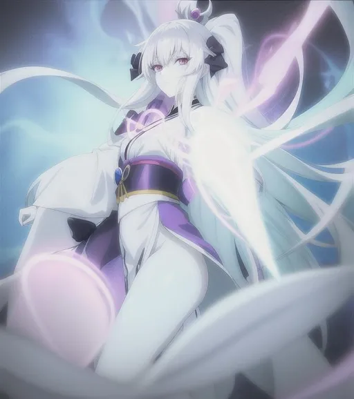 Prompt: anime woman pale white skin in white kimono with purple trim, purple sash, straight long white hair with black bows in hair, chaos queen, she has dark chaos powers casting chaos spell