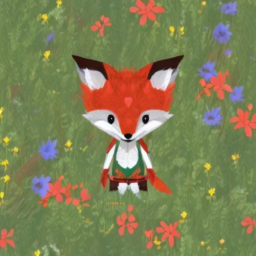 Prompt: Cute fox in elf costume standing in garden of wildflowers toon design 