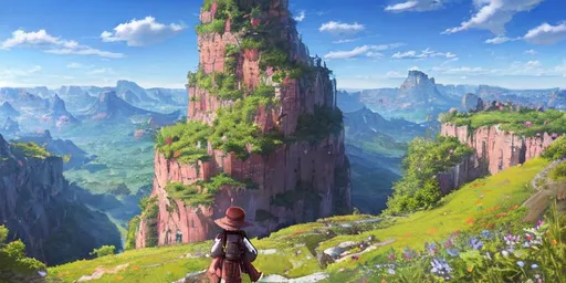 Prompt: Made In Abyss,

masterpiece intricate hyperdetailed best quality flat color pencil sketch 2D 1 anime girl joyful, red straight hair, detailed blue and green steampunk fantasy leather and cotton clothes, detailed face, standing on the grass valley,

scenic view landscape 2D flat color medieval city on the gigantic abyss hole vector background, action shot, extreme long shot wide view, full frame wide angle,

sunshine, blue sky,

precise hard pencil strokes, thick and hard pencil outline,

hyperdetailed 2D vector concept art picture, vector, illustration, character concept,

2D fantasy concept art style, inspired by final fantasy art, adventure, inspiring, colorful, heroic fantasy art,