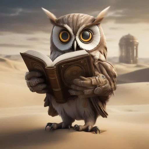 Prompt: anthropomorphic, owl, realistic, tall, human proportions, sand, monachal, holding open book, steampunk,  high definition, professional