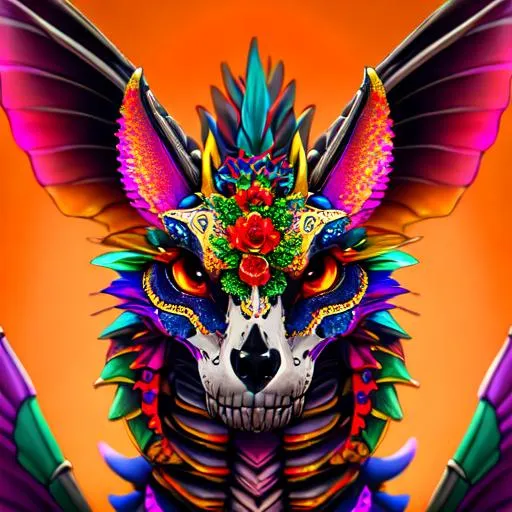 Prompt: Portrait of a Day of the Dead themed skeleton dragon with colorful markings, cute face, perfect composition, digital art, hyperrealistic, super detailed, 8k, high quality, trending art, trending on artstation, sharp focus, studio photo, intricate details, highly detailed, day of the dead inspired, mexican dragon