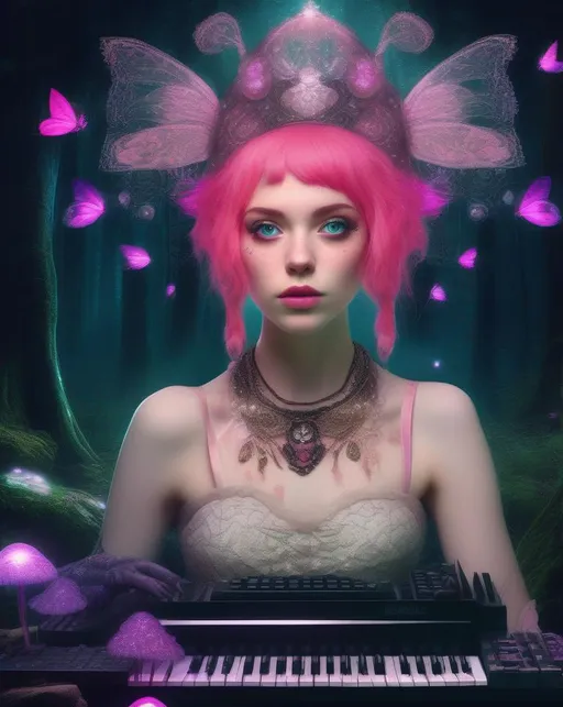 Prompt: A fantasy portrait of a girl with pale skin and vivid pink hair adorned with an ornate lace headdress against a dark magical forest backdrop, illuminated by glowing mushrooms and fireflies, wearing a dress of antique fabrics with a keyboard synthesizer built into the voluminous skirt, visualized in an imaginative dream punk aesthetic using lush painterly digital editing