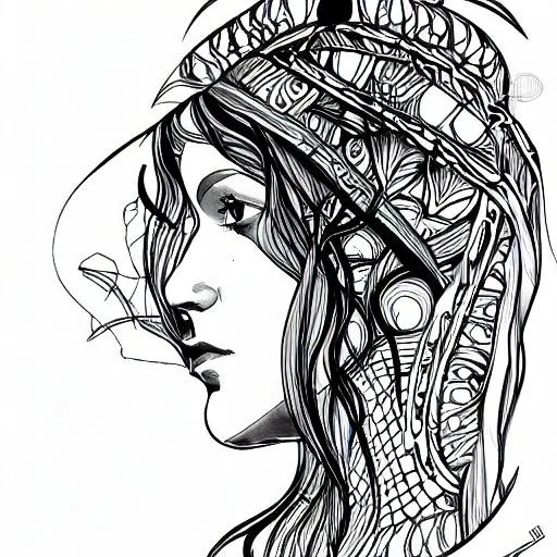 Prompt: Beautiful elf, Portrait drawn in Side Profile. black and white illustration, art nouveau