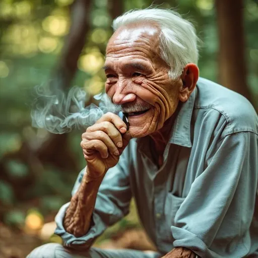 Prompt: An old man sitting and smoking in the forest smiling

