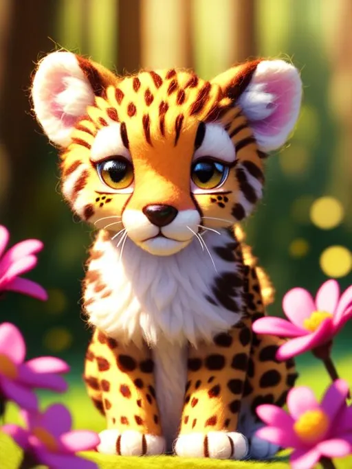 Prompt: Disney Pixar style needle felted cute cheetah, face markings, highly detailed, fluffy, intricate, big eyes, adorable, beautiful, soft dramatic lighting, light shafts, radiant, ultra high quality octane render, daytime forest background, field of flowers, bokeh, hypermaximalist