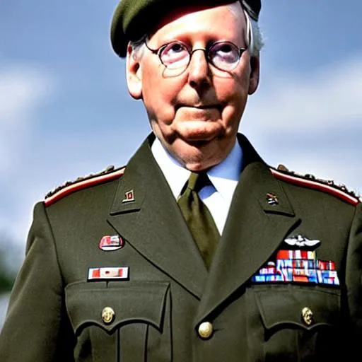Prompt: Photo Realistic Portrait of ((((Mitch McConnell)))) cosplaying as a soldier in 1944, world war II famous historic photo