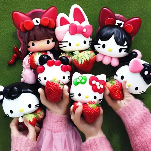 Prompt: cinnamon roll,  kuromi, my melody and hello kitty having strawberries in their hands