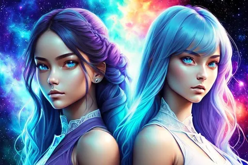 Prompt: photorealistic portrait of a 2girls, fractal art body, cyan eyes and hair, detailed face, skin details, walking towards the camera, (holding two diamond swords:1.1), action scene, intricate details, colorful nebula in background, cosmic castle, explosion of cosmic particles, detailed background, busy background, professional composition, rule of thirds, leading lines, (full body:1.1), sharp focused, two-tone_hair, twintails, artificial_wings, best quality, highres
