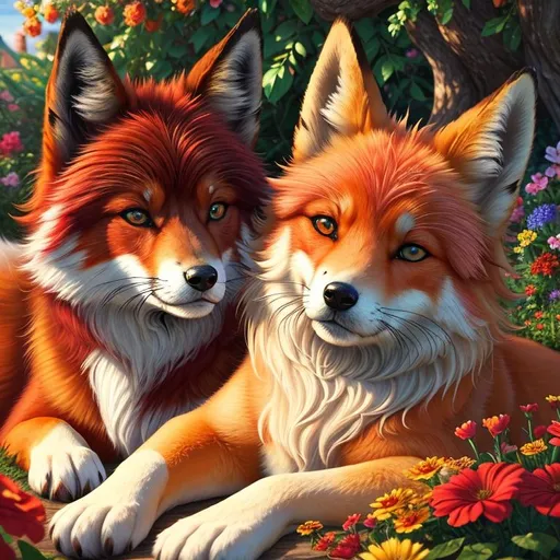 Prompt: (3D, 8k, masterpiece, oil painting, professional, UHD character, UHD background) Portrait of Todd and Vixey, Fox and Hound, brilliant red fur, brilliant amber eyes, big sharp 8k eyes, sweetly peacefully smiling, enchanted garden, vibrant flowers, vivid colors, lively colors, vibrant, high saturation colors, highly detailed fur, highly detailed eyes, highly detailed defined face, highly detailed defined furry legs, highly detailed background, full body focus, UHD, HDR, highly detailed, golden ratio, perfect composition, symmetric, 64k, Kentaro Miura, Yuino Chiri, intricate detail, intricately detailed face, intricate facial detail, highly detailed fur, intricately detailed mouth