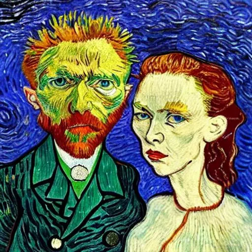 Prompt: Van Gogh style corpse groom and bride mixed media oil paint 