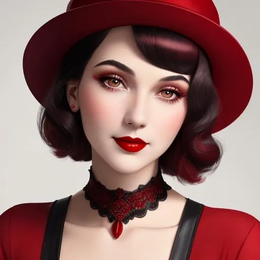 Prompt: a pretty girl  dressed in red, wearing a  large red hat 1920's era, bob hair cut, 1950's era makeup, facial closeup