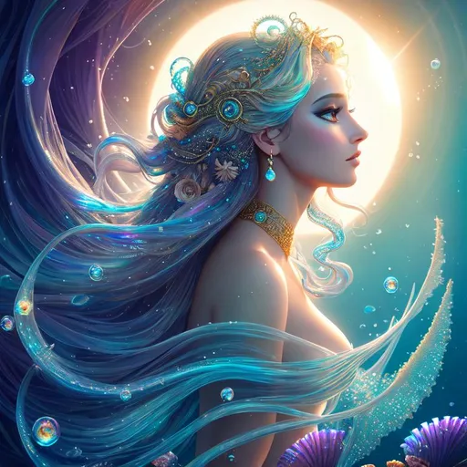 Digital style painting, a woman, siren, alien, swimm...